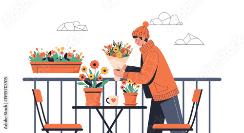 Cozy Balcony Scene: Person Arranging Flowers with Spring Bloom Illustrations