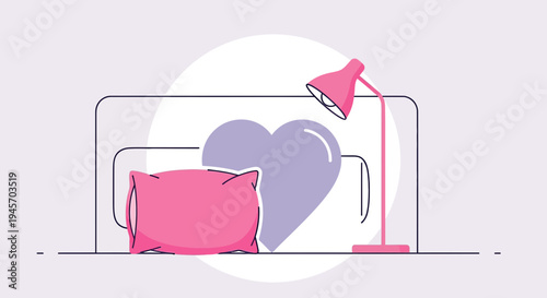 Cozy Bedroom Scene with Heart Illustration, Pillow, and Lamp