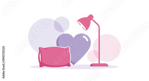 Cozy Bedroom Corner: Pillow, Heart, and Lamp - Soft Comfort and Love Illustration