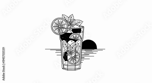 Tall glass filled with ice, citrus slices and mint, by the sea at sunset