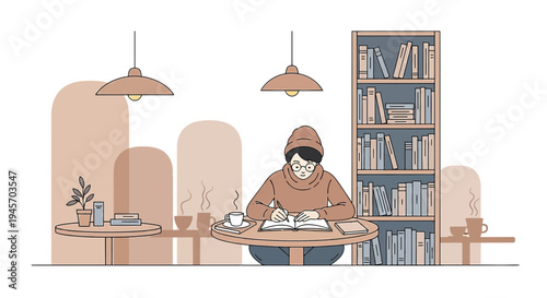 Cozy Cafe Reading Scene: Person Studying in a Bookstore Cafe