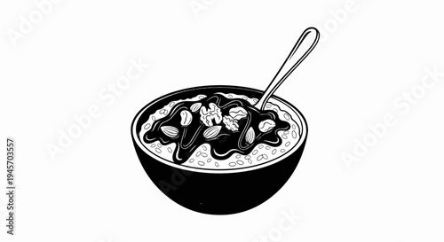 Black and white illustration of a bowl of oatmeal with nuts and syrup and a spoon