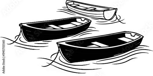 Three rowboats with dark hulls bob on gentle waves, illustrated simply