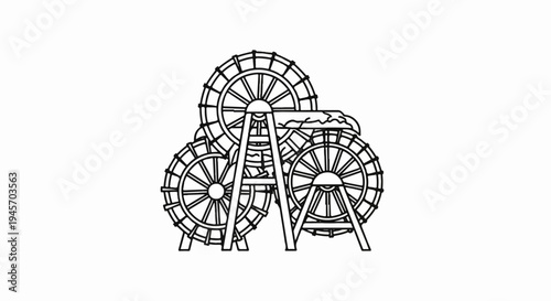 Three vintage water wheels with wooden structure for power generation