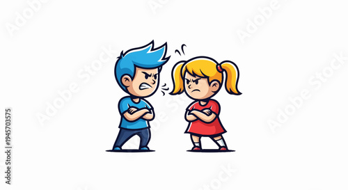 Two cartoon children with angry expressions, arms crossed, arguing
