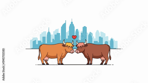 Two cows, a brown and an orange one, look at each other with a heart above