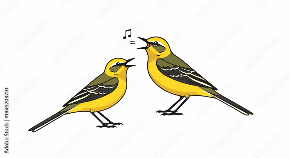 Obraz premium Two yellow birds singing with musical notes overhead