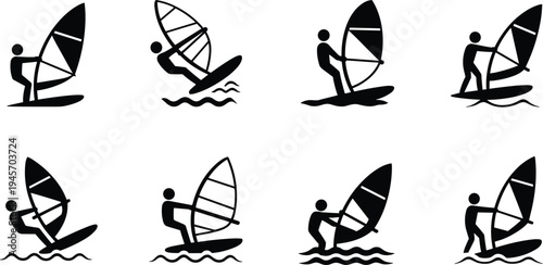 Windsurfing, icon, set, windsurfer, water, sport, silhouette, surfing, board, sail, ocean, athlete, extreme, vector, illustration, black, symbol, recreation, activity, collection