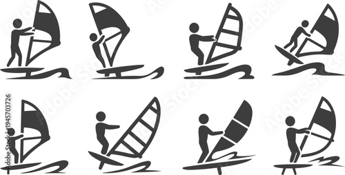 Windsurfing, sport, icon, set, windsurfer, surfing, water, activity, silhouette, athlete, board, sail, extreme, ocean, vector, illustration, black, symbol, recreation, collection