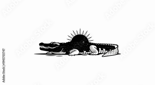 Alligator sunbathing, in black and white line art style