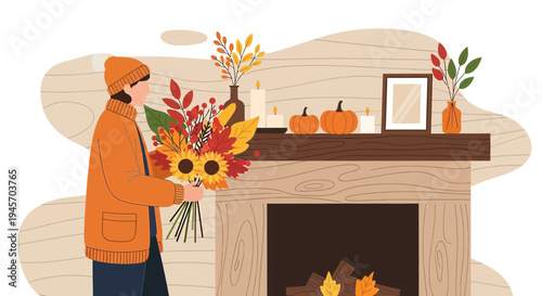 Cozy Autumn Scene: Person with Bouquet by Fireplace, Pumpkins, Candles