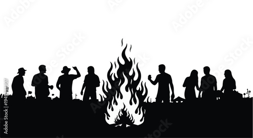 Diverse group of friends and family members are depicted as stark black silhouettes gathered around a vibrant, stylized bonfire against a bright white background, creating a powerful sense of.