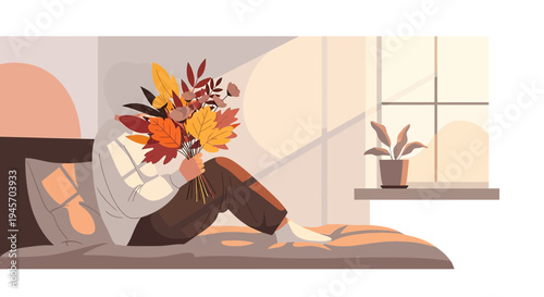 Cozy Autumn Scene: Person with Fall Bouquet in Sunlit Room