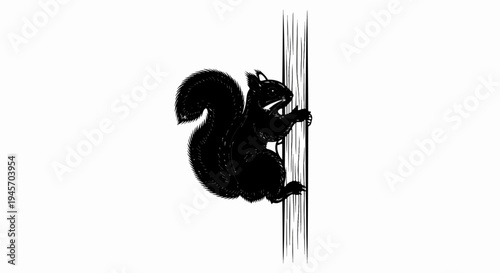 Stylized black squirrel climbing vertical textured tree trunk
