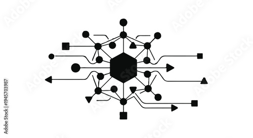 Black geometric network diagram featuring a central hexagon connected by lines to various nodes representing data flow and connectivity.