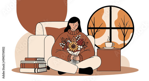 Cozy Autumn Scene: Woman Holding Bouquet by Window with Books