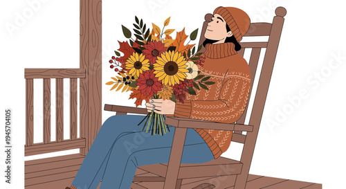 Cozy Autumn Scene: Woman in Rocking Chair with Fall Flower Bouquet