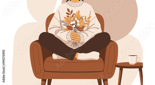 Cozy Autumn Scene: Woman in Sweater Holds Bouquet in Armchair
