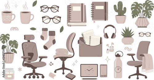 Home Office Workspace Elements Collection with Desk Chair, Laptop, Plants, Coffee Cup, and Cozy Remote Work Accessories Vector Set