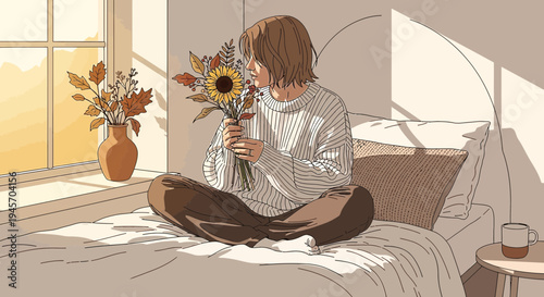 Cozy Autumn Scene: Woman Holding Sunflower Bouquet by Window