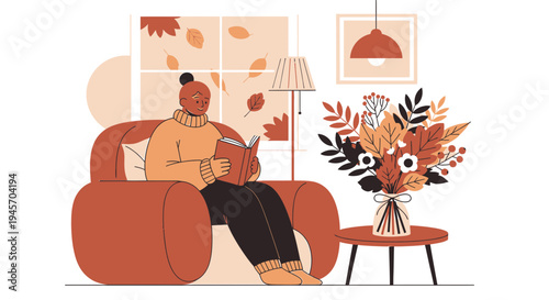 Cozy Autumn Scene: Woman Reading by Fireplace with Fall Flowers