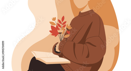 Cozy Autumn Scene: Woman Reading with Flowers in Warm Tones