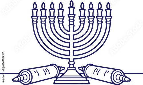 Vector illustration of a menorah with two scrolls, clean lines, blue on white background