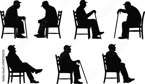 Collection of elderly man silhouettes sitting on chair with walking cane, senior citizen poses set isolated on white background, aging concept vector illustration