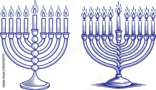 Pair of detailed blue line art menorahs with burning candles, hanukkah theme