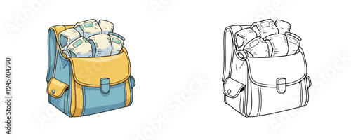 Diaper bag in flat cartoon and linear styles filled with diapers and featuring yellow details representing infant care and nursery essentials on white background