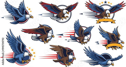 Dynamic Flying Eagle Mascot Set with Patriotic Red and Blue Wings, Speed Motion Lines, Stars, and Banner Emblems for Sports Team Logos