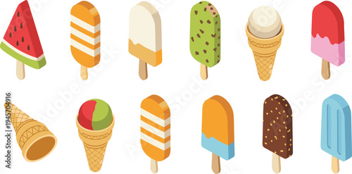 Colorful ice cream and popsicle set, summer frozen dessert collection, waffle cones, fruity popsicles, sweet cold treats illustration