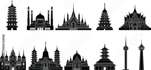 Asian landmarks and temple architecture silhouettes collection, famous pagoda, mosque, palace and tower monuments vector illustration set isolated on white background
