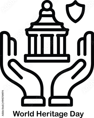 World Heritage Day icon with hands holding building and shield symbol