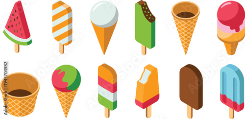 Colorful ice cream and popsicle collection, summer frozen dessert icons, waffle cones, sweet treats illustration, refreshing cold snacks set