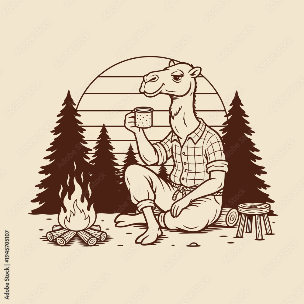 Obraz premium A camel sitting by campfire drinking.