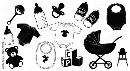 Newborn Baby Essential Icons Silhouette With Stroller Clothes And Toys