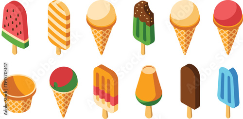 Ice cream collection, popsicle bars, waffle cones, frozen dessert variety, colorful summer sweet treats, ice cream vector illustration set