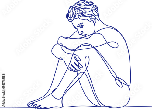 Single line drawing of a sad person sitting in a fetal position with line art with mental health