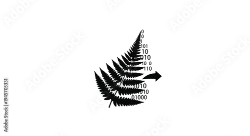 Black and white fern frond graphic incorporates digital binary code sequences transforming into an arrow pointing rightward.