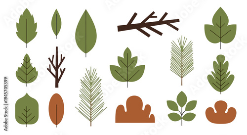 Flat Vector Illustration Of Various Green And Brown Autumn Leaves