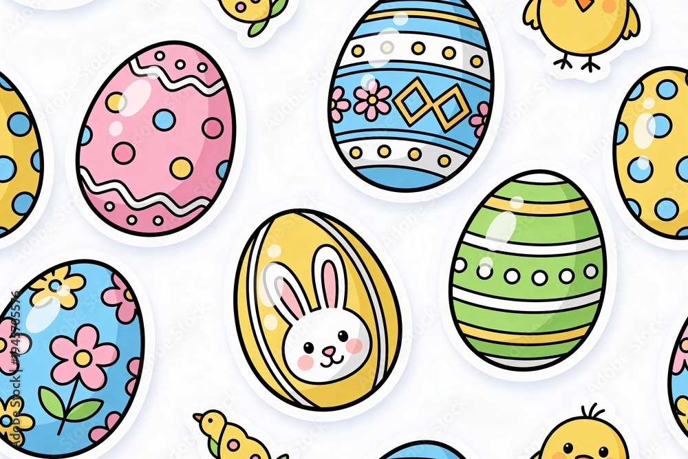 Fototapeta premium Colorful Easter eggs with various patterns and designs, including flowers, stripes, and a bunny, arranged on a white background for festive decoration
