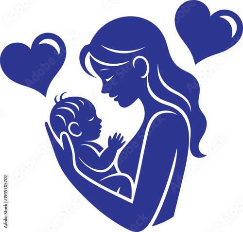 Mother and baby silhouette with hearts, symbolizing love and family