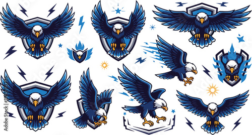 Powerful Eagle Mascot Logo Set with Flying Eagle Emblems, Shield Badges, Lightning Elements, and Bold Sports Team Illustration Designs