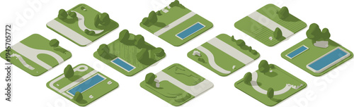 Isometric, 3D, garden, landscaping, plots, collection, trees, lawns, pathways, pools, minimalist, park, design, elements, urban, landscape, planning, illustration, environment, set