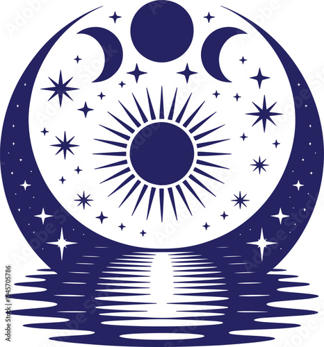 Celestial moon and sun with stars reflection, mystical cosmic background, celestial body