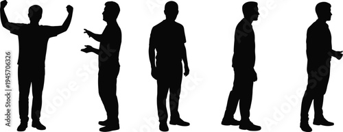 Set of man silhouettes with different gestures including celebrating, explaining, standing, and greeting poses representing communication, body language, and human interaction isolated on white