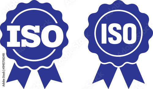 Blue iso quality certificate seal with ribbons, standard certification vector illustration