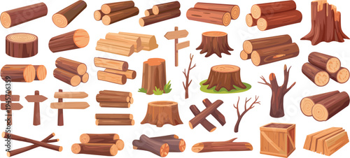 Wood logs collection illustration, tree stumps, timber trunks, wooden branches, forest lumber set, cut wood pieces, cartoon vector icons