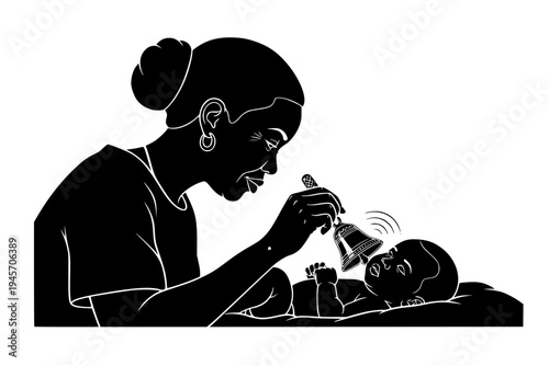 Traditional Brass Bell Hoon Ritual Seboua Baby Celebration Naming Ceremony Black Vector Silhouette